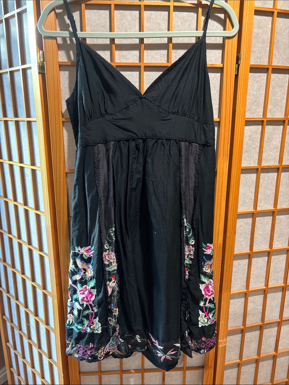 Lucky Brand Black Mini Dress with Multicolor Floral Embroidery